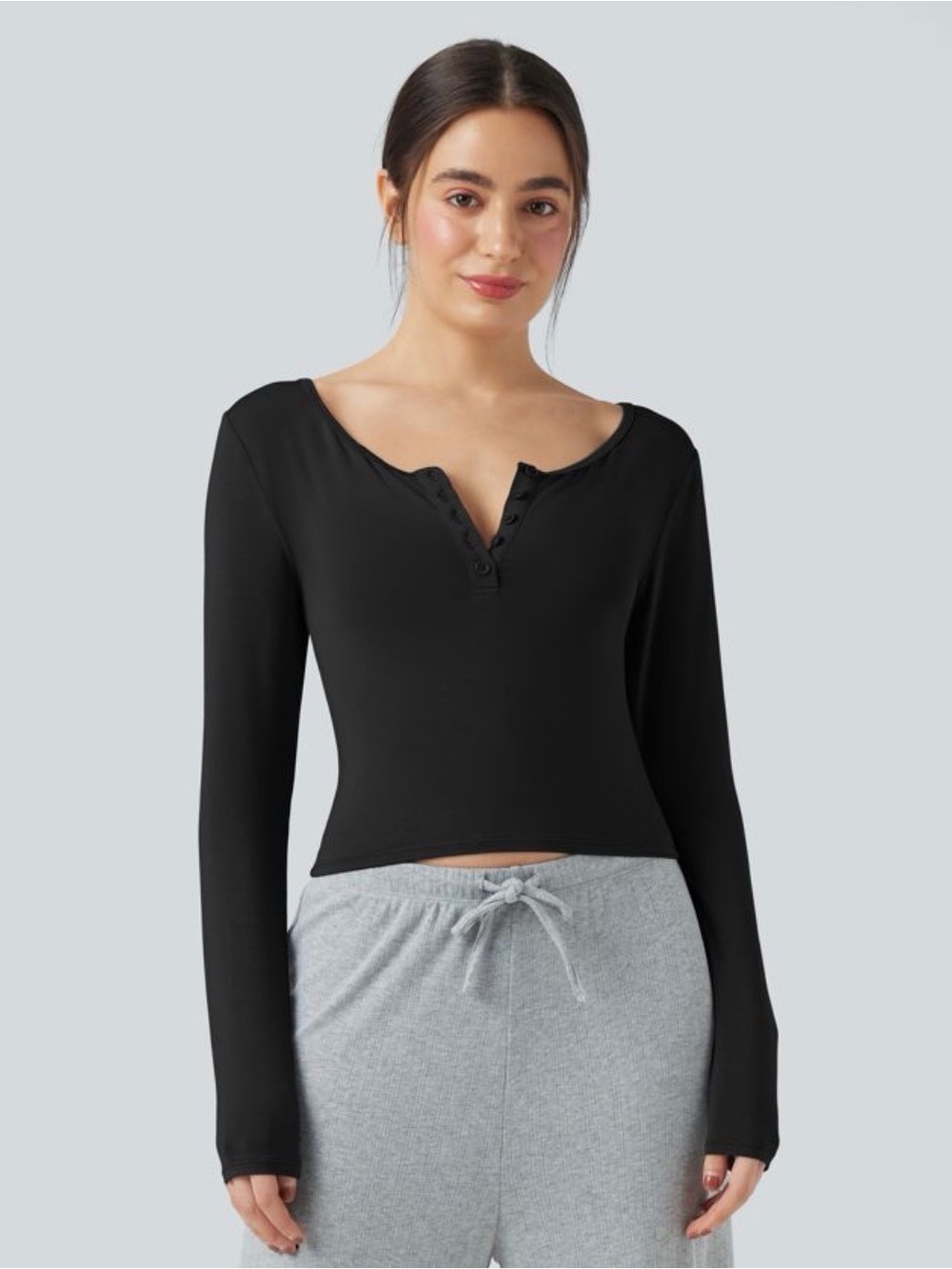 EUC HALARA Black Long-Sleeve Henley Crop Top